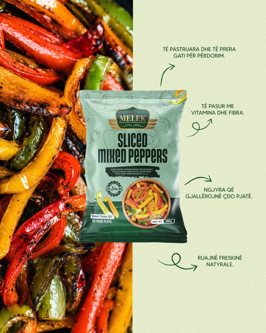 Melek sliced mixed peppers beside grilled peppers, with product benefits