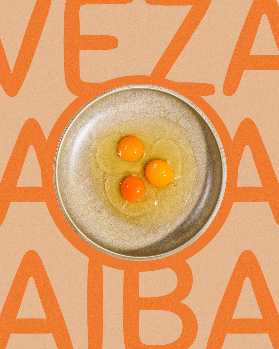 Raw eggs in a bowl over a VEZA AIBA type pattern