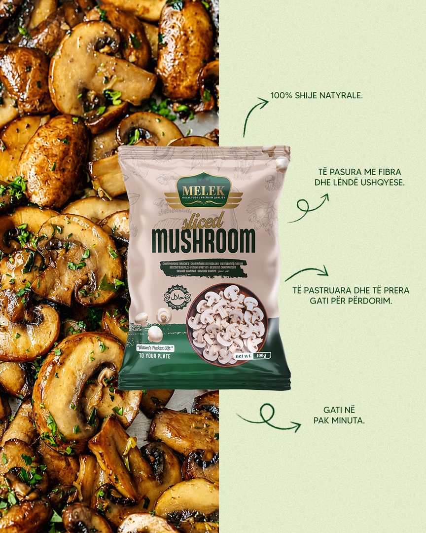 Melek sliced mushrooms beside pan-roasted mushrooms, with product benefits