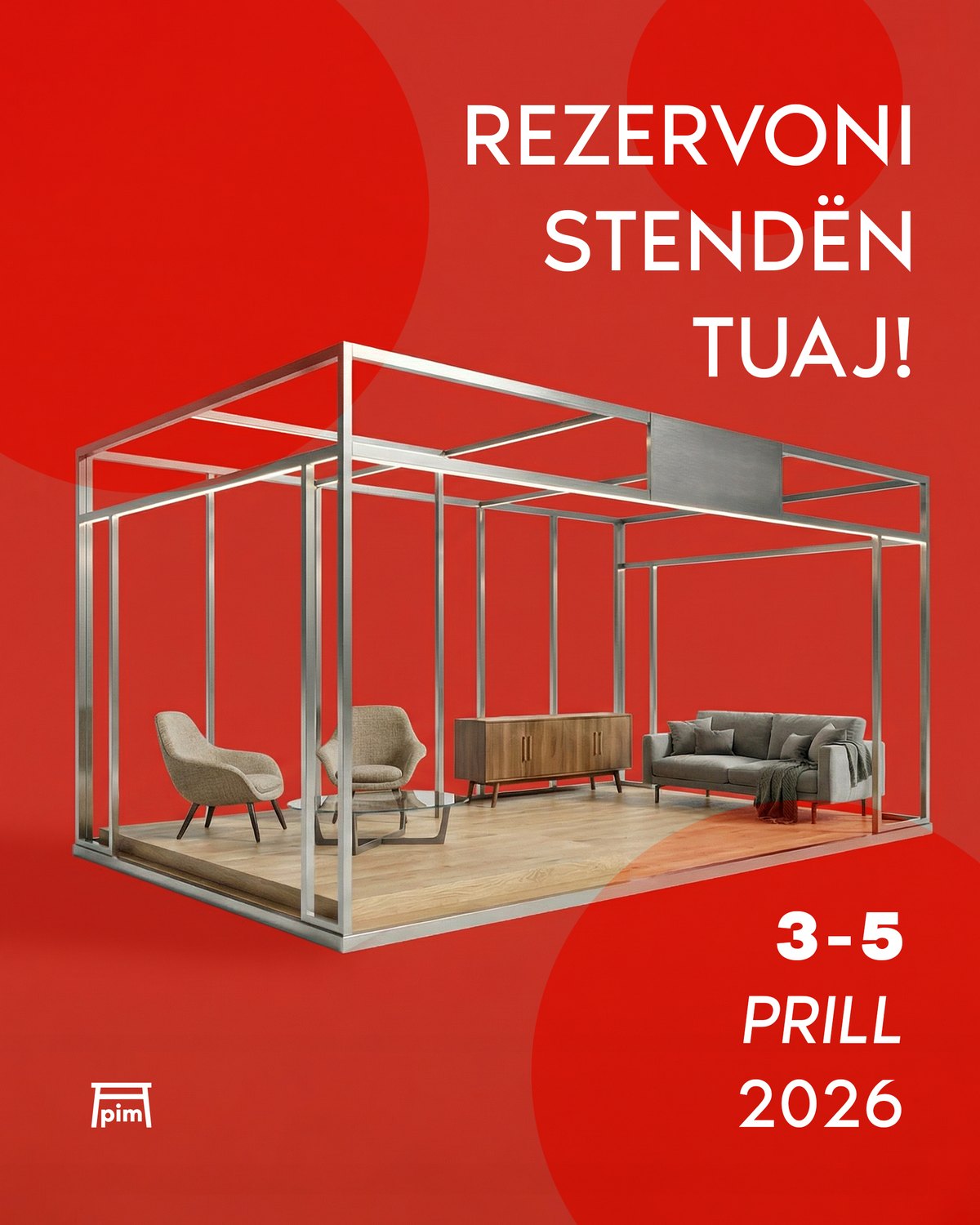 PIM post: book your stand, 3–5 April 2026, with a furnished stand frame on red