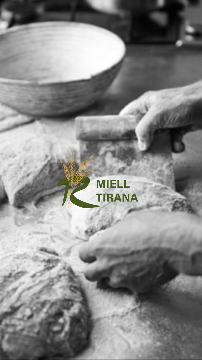 Miell Tirana logo over hands dividing dough, black and white
