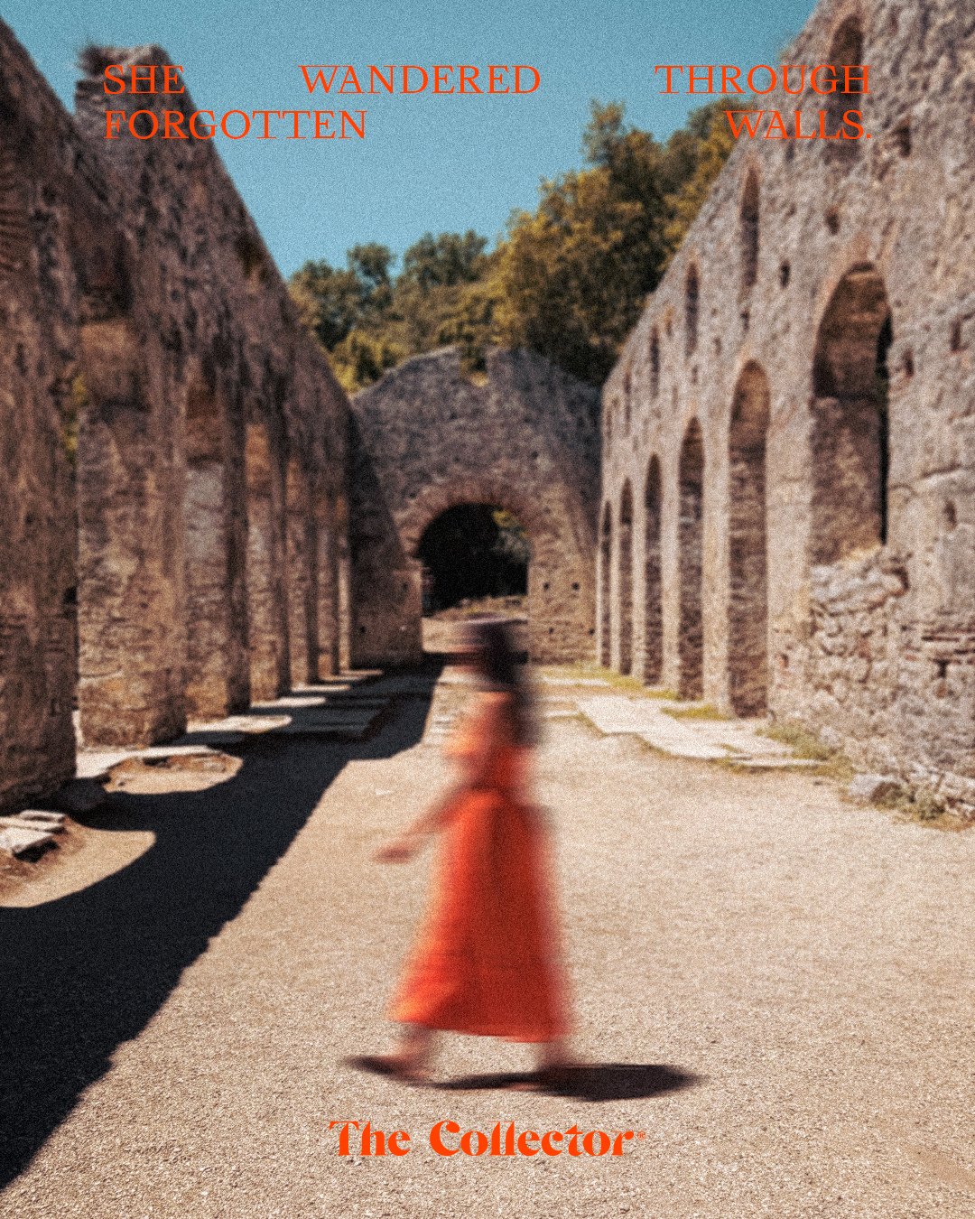 She wandered through forgotten walls: figure in a red dress at Butrint