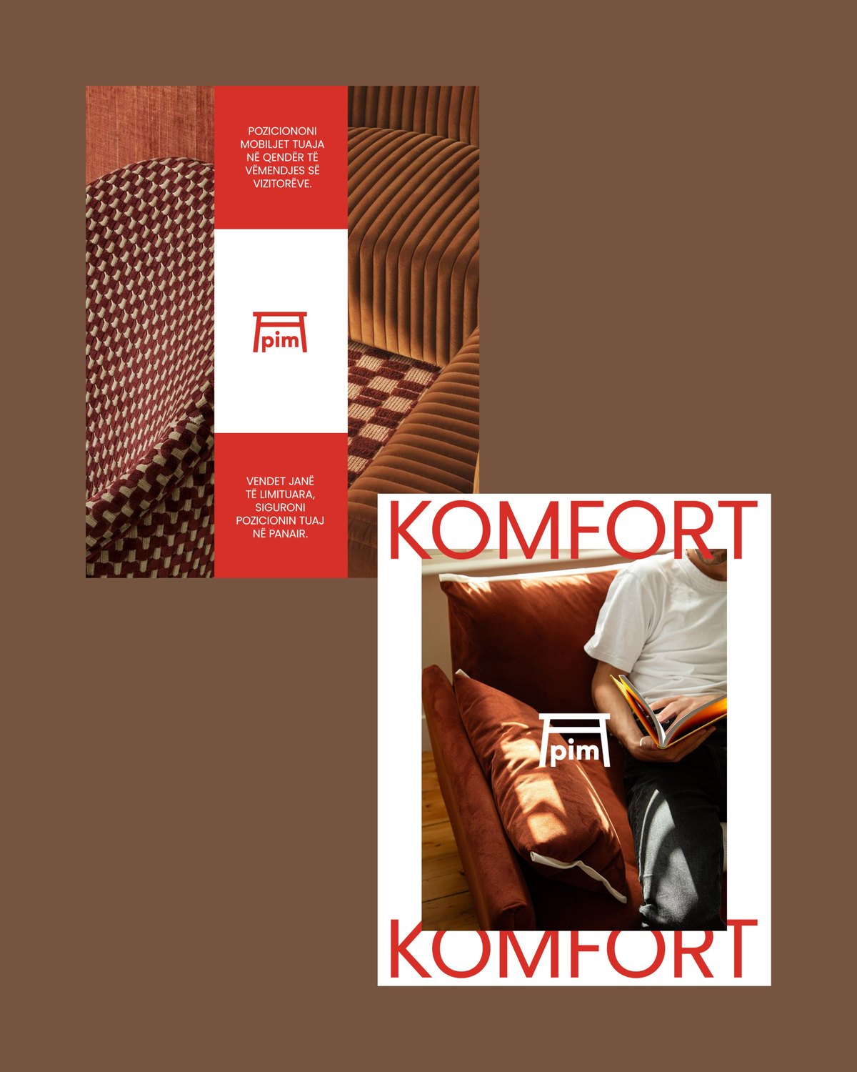 Two PIM posts on brown: textured upholstery and Komfort with a man reading on a rust sofa