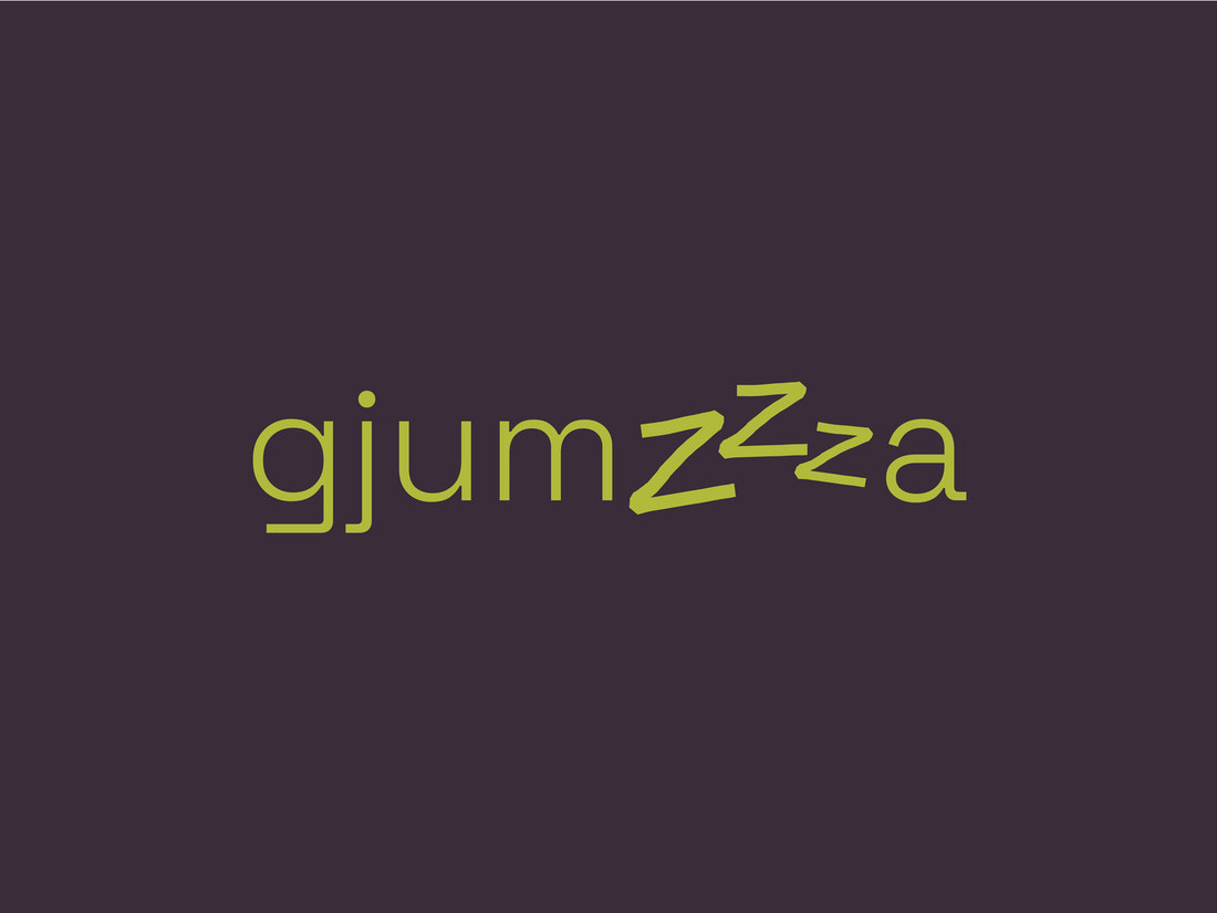 Gjumza wordmark in lime green on deep plum