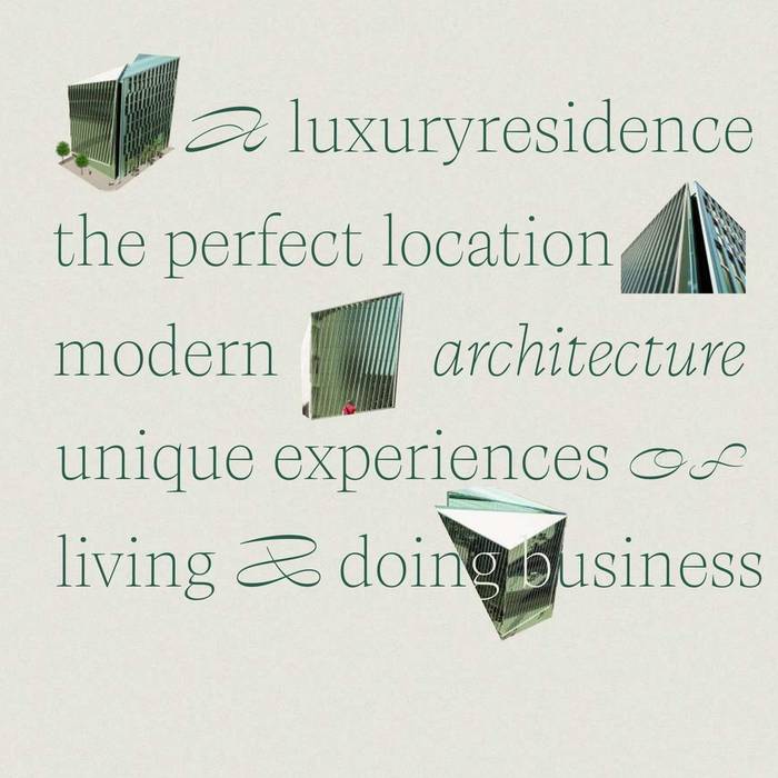 The One Residence moodboard with isometric building renders on cream background